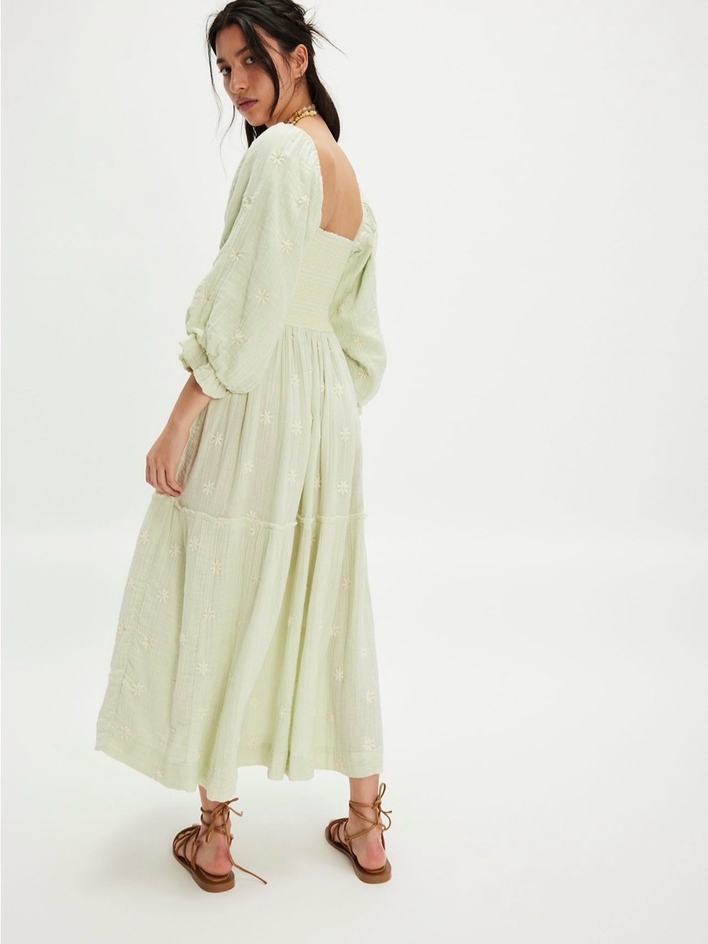 Free People Dahlia embroidered Maxi Dress soda lime combo green